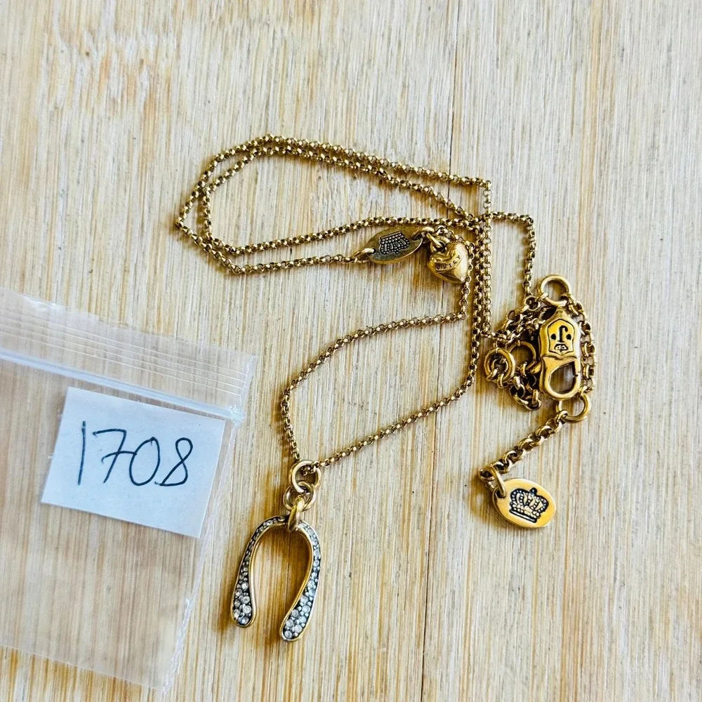 Juicy Couture WishBone Necklace Crystal Pave Designer Gold Designer Y2K 18